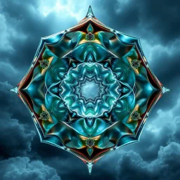 Dynamic hypnotic fractal 3D structures pentagonal Symmetry twisting and morphing between organic and geometric forms , smooth translucent iridescent glass with inner glow and bubbles, varied transparent materials, stormy skies, intense dramatic
