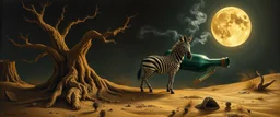 master oil painting by Rembrandt, good afternoon clay moon chill hyper bigger than life zebra dream smoking trickster golem peeking out of a sand twister whirlwind cocoon, all inside a bottle