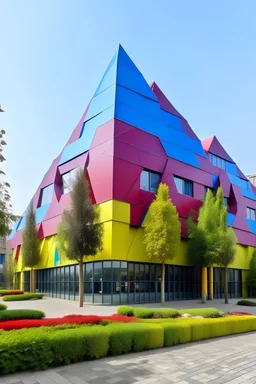 A one-story building with a regular polygonal shape and its body with a triangular shape and plants of the same size in blue, purple, yellow, red and pink colors, which will be a place for children's intellectual games in the middle of the city center park.