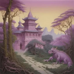 A light purple Eastern palace with a Zen garden and a draconic chameleon painted by Caspar David Friedrich