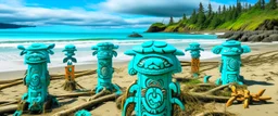 A turquoise beach with crabs designed in pacific Northwest totem poles painted by Frank Lloyd Wright