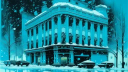 A cyan casino in a snowstorm painted by Andy Warhol