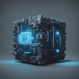 a cube of power, high quality, retro pixel art, shades of sky blue and dark grey, octane render, sci fi, anti-aliasing, 4k render,