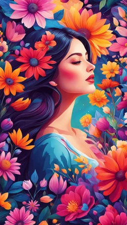 Please create an illustration of a pretty girl surrounded by vibrant flowers using vibrant colors. The artwork should showcase the beauty of nature and convey a sense of joy and positivity. The illustration style should be vibrant and lively, capturing the essence of illustration art.