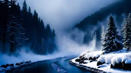 polar express train,fir forrest scenery, heavy mist,mist shadows,valley,creek,forest,,tree,,nature,night,snow,fir tree,night,holy night