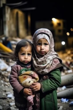 Palestinian little girl She wears the keffiyeh and the Palestinian dress Carrying a nude small child ,at winter , Destroyed Buildings , with a Explosions, at night