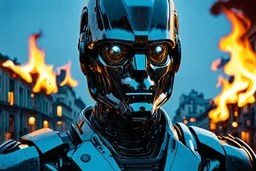 4k full realism. Full details. Lumieres ultra. Crée le portrait d un robot inquiétant dans le genre terminator mettant le feu à la ville de paris