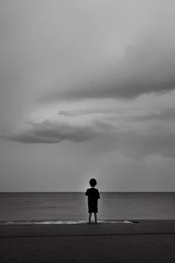 young boy looking out to sea. second man laying down behind him, dark storm clouds overhead, lightning, shopping trolley on side, dusk. the road cormac mccarthy