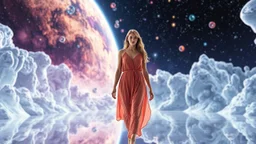 A full-body shot of a beautiful lady walking and looking at the camera 3D fractal interstellar world.