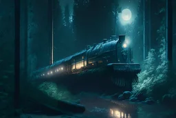 weather train in moonlit forest by stream, book illustration, fine detail, 4k, trending, volumetric light, depth of field