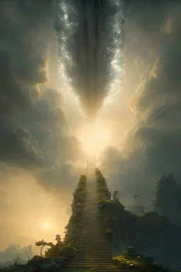 stairway to heaven made of light, sky full of clouds, art by greg rutkowski and peter mohrbacher, featured in artstation, octane render, cinematic, elegant, intricate, ultra detailed, rule of thirds, professional lighting, unreal