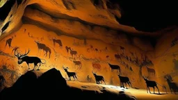 Realistic cave painting of prehistoric animals, intricate details, earthy tones, by Lascaux and Altamira artists, long shot perspective, depicting hunting scene or ritual ceremony