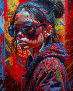 close up, full color painting of squatting cyberpunk girl, sunglasses, high heel shoes, perfect hourglass figure, (((Graffiti art) (by Carne Griffiths))), red wall background, insane details, intricat Modifiers: highly detailed Award winning photography fantasy 8k photorealistic beautiful poster award winning imperial colors fantastic view ultra detailed 4K 3D colourful very cute cinematic postprocessing acrylic art Craig Rutkowski