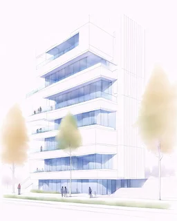 Dibujo arquitectónico de un edificio de cinco pisos, moderno, diseñado aplicando la proporción, estilo minimalista futurista, calidad ultra, gente, árboles, colores complementarios