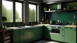 kitchen with celadon and dark green furniture, on the left side by the window from the bottom up, a microwave and an oven installed in the furniture, and on the right side and next to it an induction hob and a cooker hood above it, on the right side there is a sink and a dishwasher underneath it