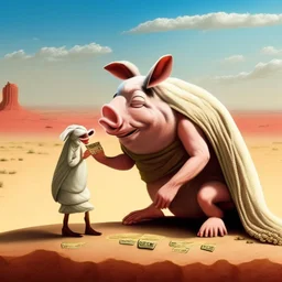 piggish cloven foot lying on stacks of money making a deal with bugs bunny in a middle of a desert