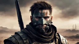 A portrait of a post-apocalyptic warrior with battle scars,Wearing half a mask,armor,and weapons,standing in a desolate wasteland,in a detailed digital painting with gritty textures,inspired by the Mad Max franchise