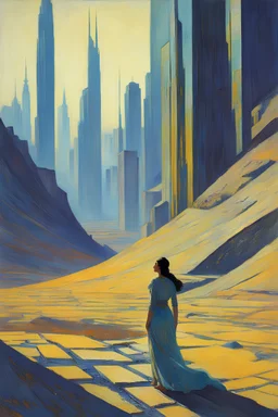 [Kupka] Driven by an unexplained urge, Dorothy followed her instincts, venturing outside the city limits and into the desolate desert that surrounded it. The barren landscape stretched as far as the eye could see, a stark contrast to the neon-lit concrete jungle she called home. The cyberpunk world seemed distant here, replaced by the vastness of nature.