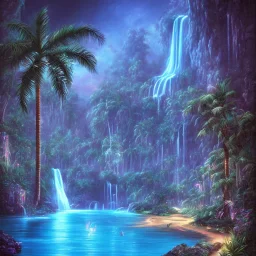 turquoise neon waterfall with palm trees sparkling at night in a cave detailed realistic glowing