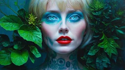 old retro photography, faded vignette, worn and cracked, double exposure, surrealism, blonde humanoid from another world, red lips, half body, greenish blue pale transparent glowing skin, plants growing out of head, tattoo, alien transparent eyes, hyperdetail, double exposure, Anna Razumovskaya, Anna Dittmann, Luis Royo, neo-impressionism, expressionism, oil painting. Vivid, detailed and textured brushstrokes reminiscent of Royo and Peter Coulson. Deep colors and dramatic lighting with cinematic