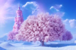 snow, pink castel and at right pink tree