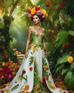 sweet pose pretty woman beauty make up cosmetic super model wearing a beautiful high details natural beuty color unique pattern autumn leaves gown queen costume,flowers crown all made of full elements varieties tropical fruits,full of green leaves and variaties roses,orchids flowers gardens tropical jungles background