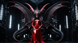 she is a dragon and a demon. h. r. giger. red. the naked truth. fantasy concept art, exquisite realism, a masterpiece, dynamic lighting, hyperdetailed, intricately detailed, deep color, Unreal Engine, volumetric lighting , Epic cinematic brilliant stunning intricate meticulously detailed dramatic atmospheric maximal, CAMERA: Nikon Z7 | FOCAL LENGTH: 105mm | SHOT TYPE: Close-up | COMPOSITION: Centered | LIGHTING: Soft, directional