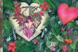 Lilith, Goddess, tropical flowers, realistic heart drawing, crystals, tropical leaves, sacred altar, Fantasy home.