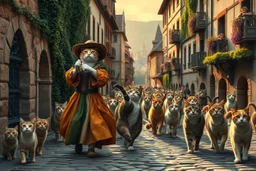 "The Cat Pied Piper of Hamelin, dressed in flowing, colorful Renaissance garments, playing a magical flute, followed by a majestic parade of cats in all sizes and colors, walking in perfect harmony along old cobblestone streets, Renaissance buildings with ivy, curious townsfolk leaning out of balconies with astonished faces, golden-hour lighting, high fantasy, highly detailed, 8K, hyper-realistic, magical realism --v 7 --ar 21:9 --style raw --q 2"