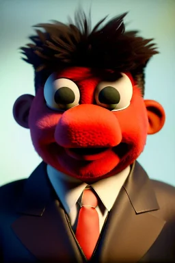 Waist up muppet Portrait, Kim Jong-un muppet doll, black suit, photo studio, red background, unreal engine 5, concept art, art station, god lights, ray tracing, RTX, lumen lighting, ultra detail, volumetric lighting, 3d.