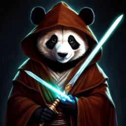 Retrato de un Oso Panda Jedi con túnica y capucha, espada luminosa, cuerpo completo, calidad ultra, hiperdetallado, arte digital, 8k