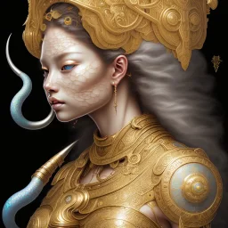 Sango fantasy, fantasy magic, intricate, sharp focus, illustration, highly detailed, digital painting, concept art, matte, art germ and Paul Lewin and Kehinde Wiley, masterpiece silver elephant head bronze Buddha Asian African girl nice breast Hawaiian hair turquoise golden waves