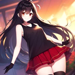 Clear focus,High resolution,High quality, Smiling, Black Sleeveless shirt, Wearing a red skirt, Wearing black long socks, Black Long hair with a ahoge, Red eyes, Wearing black gloves