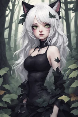 CAT GIRL, goth, forest, nature, cartoon, leaves, boobs, portrait, colour image, white hair