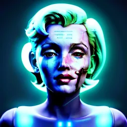 Ultra Realistic image, portrait, blonde woman, Marylin Monroe face, perfect iris, glow eyes, glow makeup. Cyborg, Cyberpunk, ghost in the shell style, oversized tight latex dress. fog, rain, soft color, highly detailed, unreal engine 5, ray tracing, RTX, lumen lighting, ultra detail, volumetric lighting, 3d, finely drawn, high definition, high resolution.