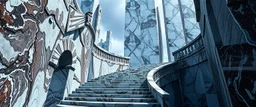 the charoit, the fool and the tower tarot card disaster rendered in magnificient 4d glossy marble stones reflective and wet, like mirrors, winding stairs, watchers