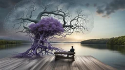 back to the camera a figure sittings on amorph bench in a beautiful landscape and overlooking the water of the nearby lake, calm, harmonious atmosphere, muted dark colors, purple, white, gray, green, blue, brown, silver, black , ,not too colorful colors, Whimsical style and giant stunning neuron network all over the sky, half shadow and half light abyss, surreal stunning vibe