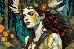 Egon Schiele, Abraham Rattner , Oskar Kokoschka style abstract expressionist, full color, full body epic fantasy comic book illustration of a young pagan druid priestess in an ancient ritual grove, asymmetric harmony, intricately detailed, highly detailed facial features, ethereal, elemental, otherworldly, the smell of the ancient essence of eternity, boldly inked in vibrant natural color