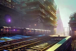 Elevated Corner Trainstation in Italian village sea close up train+Elevated train+corner train+train on sea +alphonse mucha, greg rutkowski,matte painting, cryengine, hyper detailed, felix kelly, fantasy art, seb mckinnon