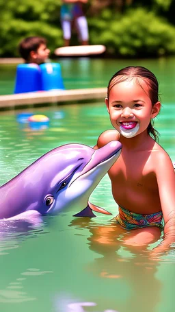 Dolphin swam over to the little girl and picked up her ball with his nose