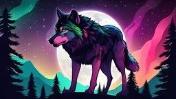 humanoid wolf, female, turning to face you, dark forest background, glowing eyes. staring, starry night sky, dark rainbow gradient sky, standing at the top of a mountain, howling to the moon, aurora borealis
