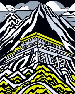 A gray ninja temple on a mountain designed in Mexican folk art painted by Roy Lichtenstein