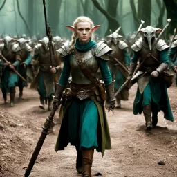 (Monthy python and Pan's Labyrinth (2006)) heavily armed female elf on the march, rusty and dusty with a sharp pole arm