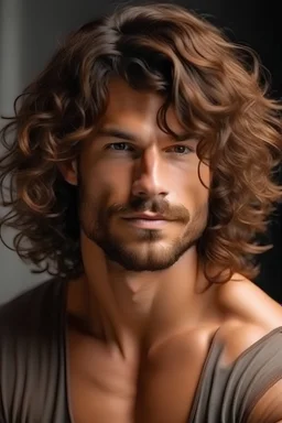 Man brunette with fluffy hair. and tanned