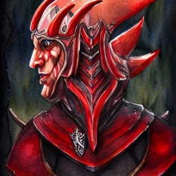 dnd, fantasy, watercolour, portrait, ilustration, elf, dark lord, armour, satanic, red, black, mighty, strong jaw