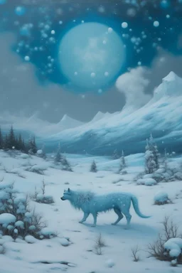 A cyan tundra with falling snowflakes painted by Lucas van Leyden