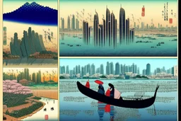 create an image in the style of hiroshige 100 viewss, where the picture is broken into 100 smaller images, but the views are od dubai.