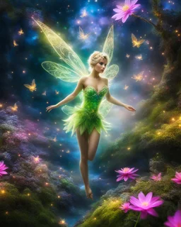 Beautiful Tinkerbell on flying in Landscape in a magical place with neon flowers and tiny fairies all in photography art