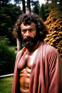 1970's massive male muscular strong man , Turkish, hairy chest, age 36, muscle daddy, beard, curly hair, armpits, in a wood, viril chest, opened bathrobe