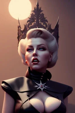 Lana Turner as evil queen in black leather, leather, busty, cleavage, angry, stern look. character design by cory loftis, fenghua zhong, ryohei hase, ismail inceoglu and ruan jia. unreal engine 5, artistic lighting, highly detailed, photorealistic, fantasy